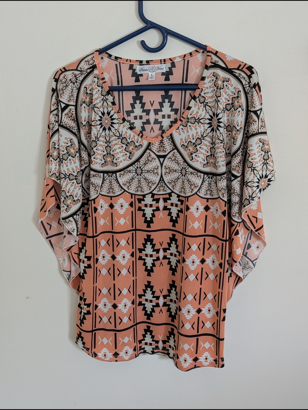 Stem & Vine Geometric Pink Black White Knit V-Neck Kimono Sleeve Blouse S